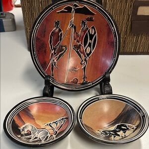 3 hand-carved Kenyan Kisii soapstone decorative plate.